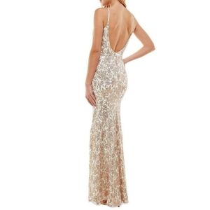 City Studios Womens Ivory Lace Sequined Formal Evening Dress Gown Juniors Used